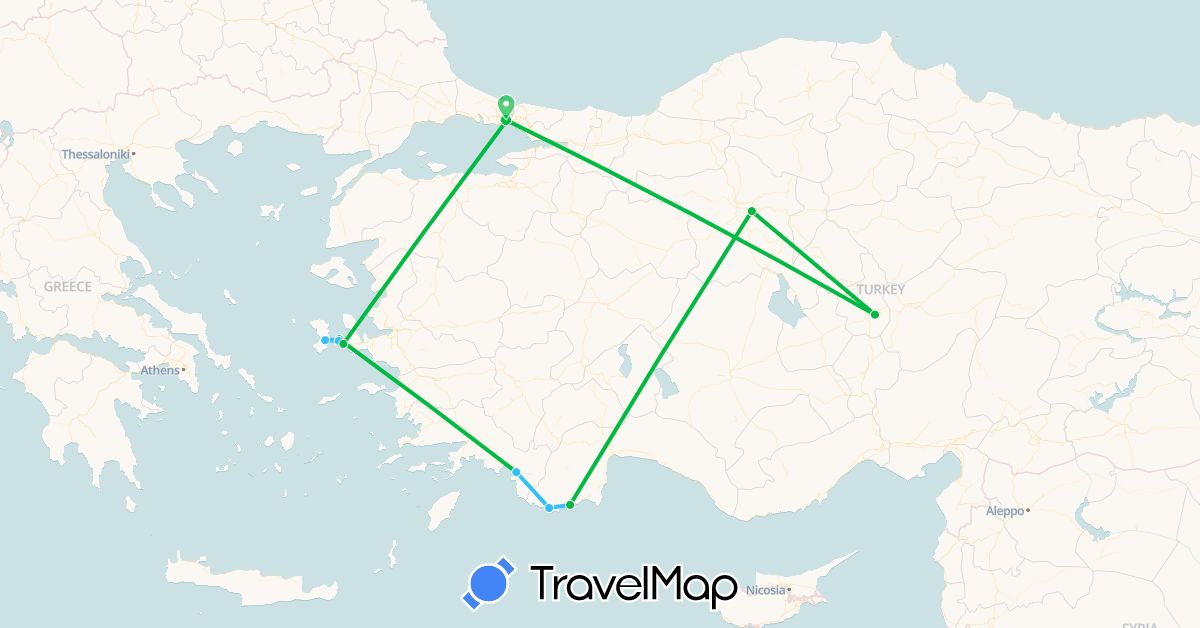 TravelMap itinerary: driving, bus, boat in Greece, Turkey (Asia, Europe)