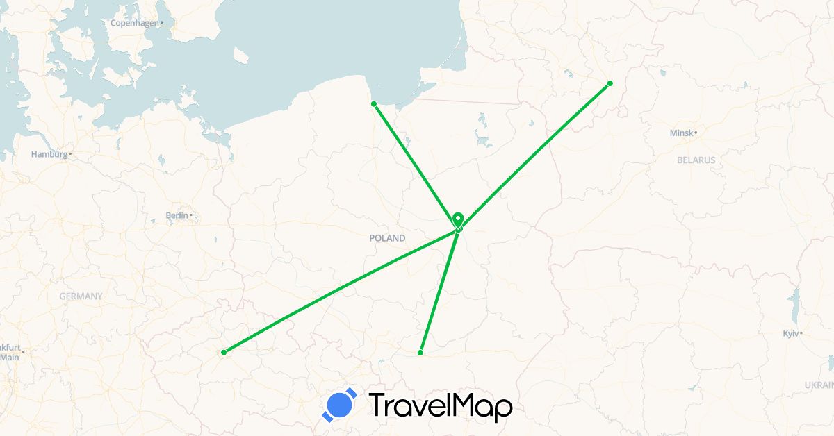 TravelMap itinerary: driving, bus in Czech Republic, Lithuania, Poland (Europe)